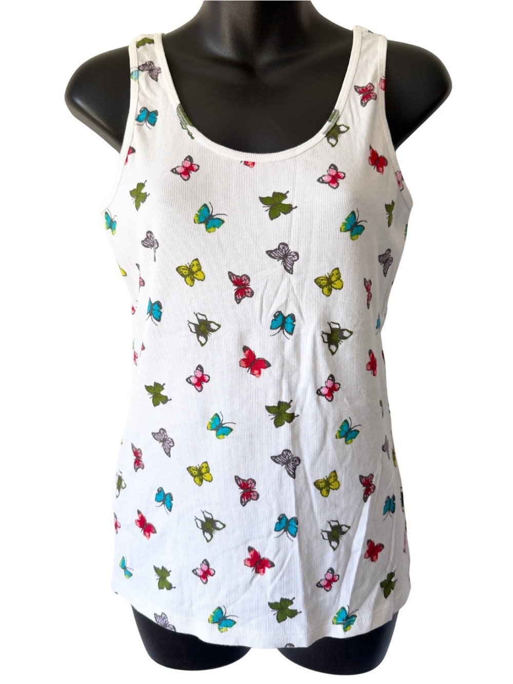 Laura Ashley White Ribbed Tank Top Colorful Butterfly Womens 8 Sleeveless Y2K